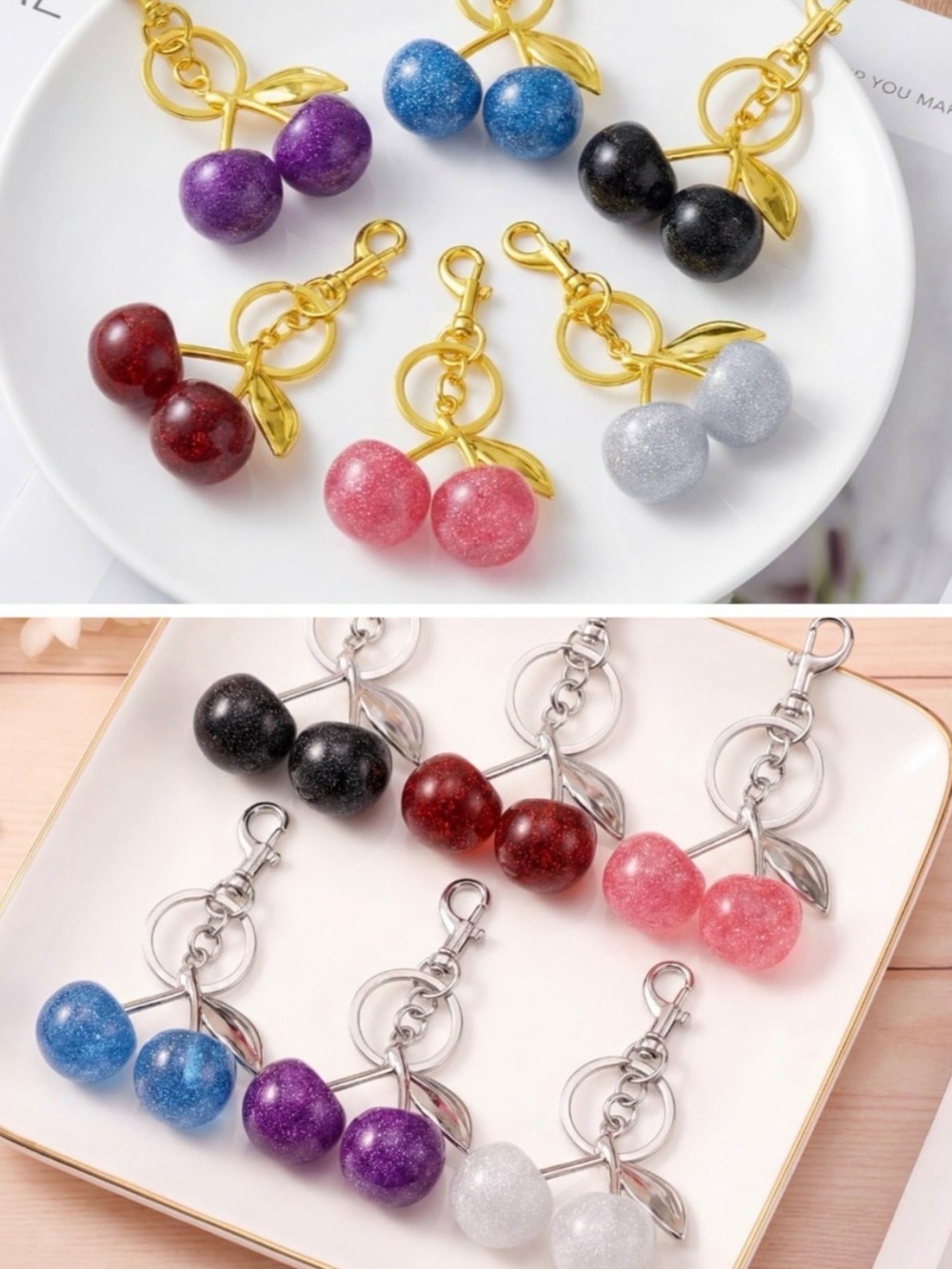 Glitter Cherry Purse Charm (NWOT) Set Of 4 #3—Black, Pink, Purple, Blue